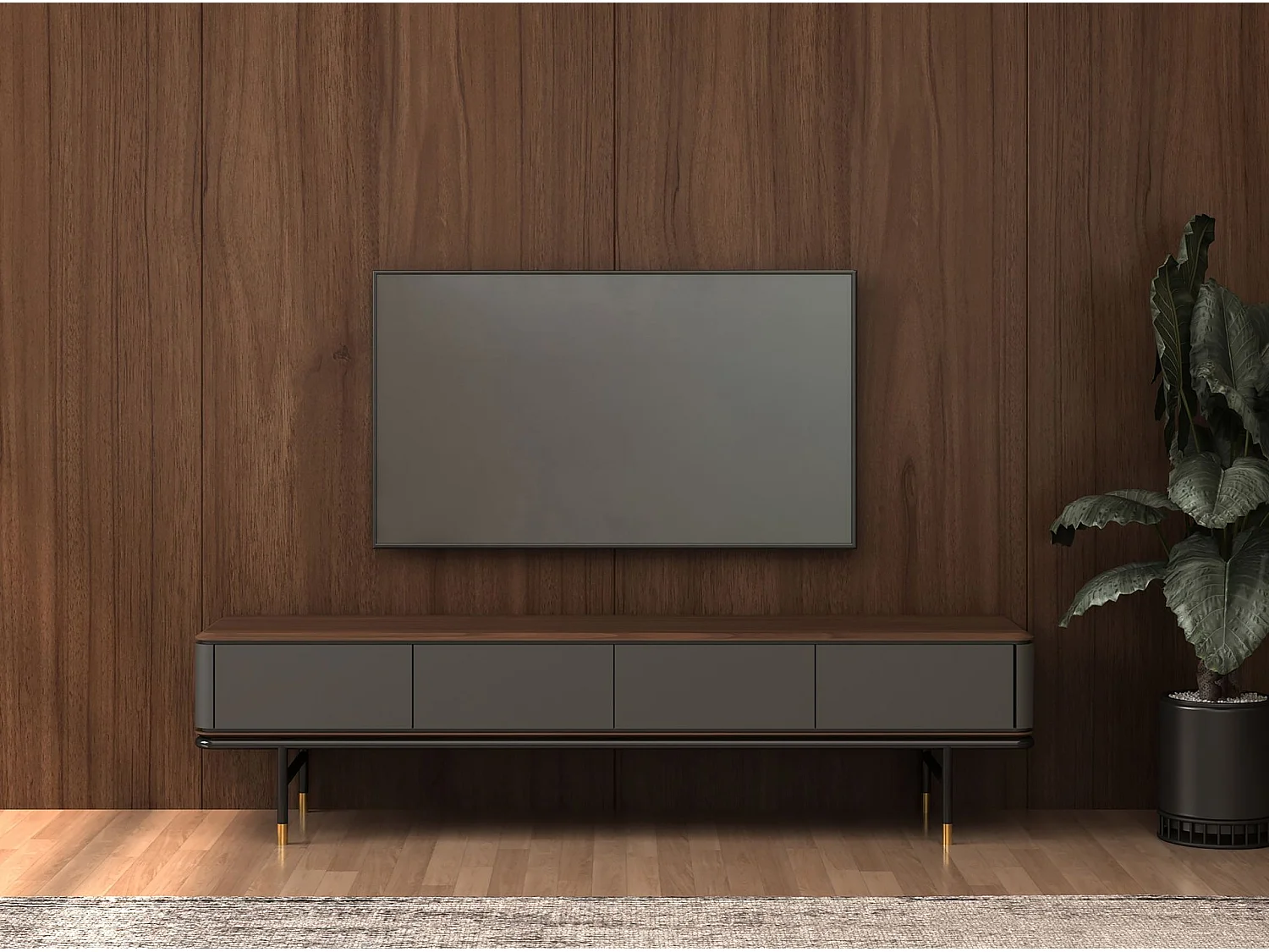 TV stand in matt dark grey wood, black steel and walnut top 3265 ANGEL CERDA