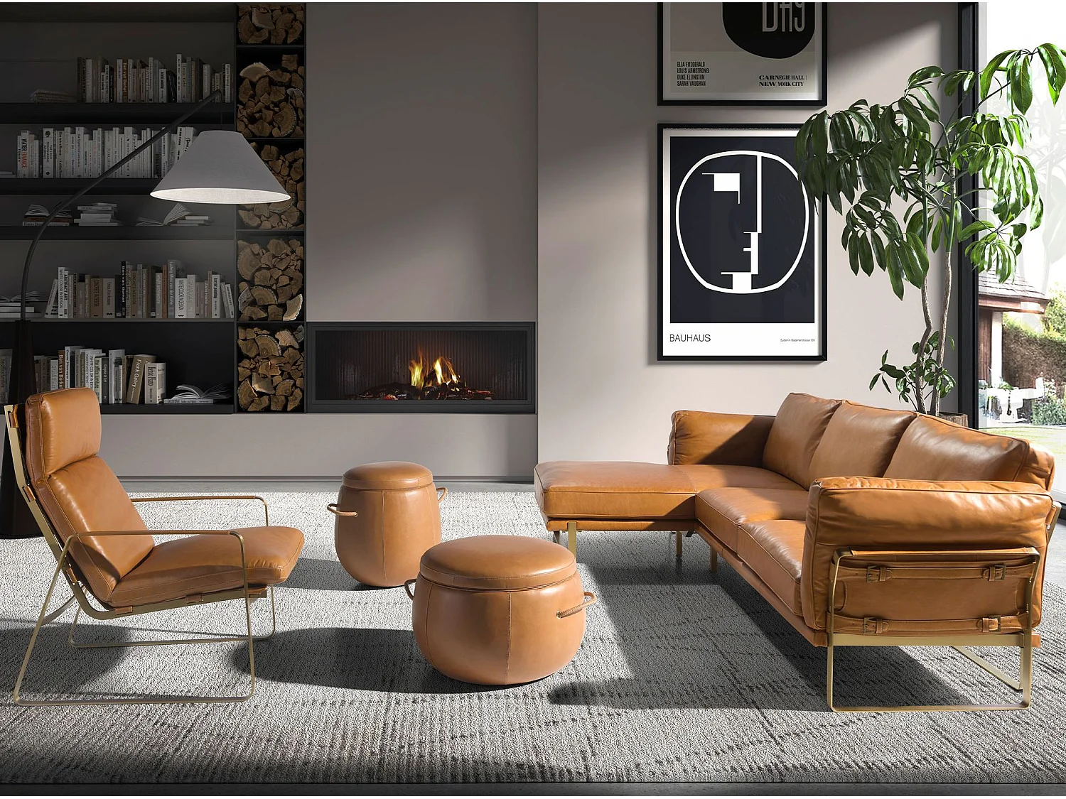 Linker chaise longue bank in camelkleurig leer