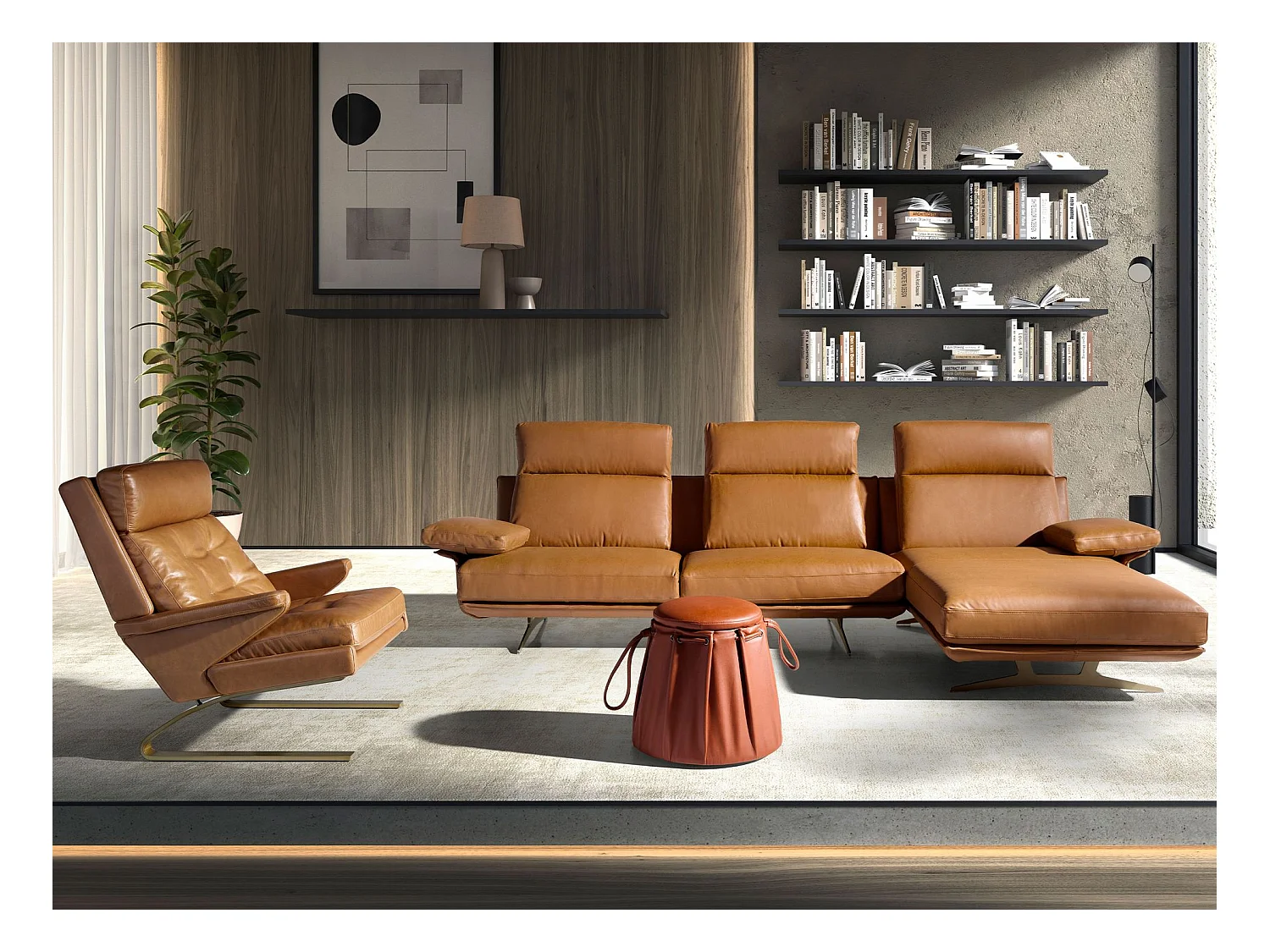 Rechter chaise longue bank in bruin terracotta leer