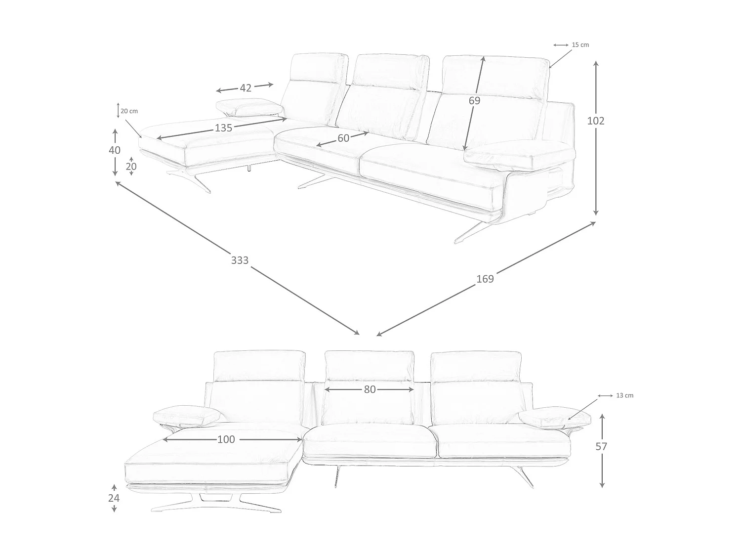 Divano chaise longue sinistro in pelle marrone terracotta