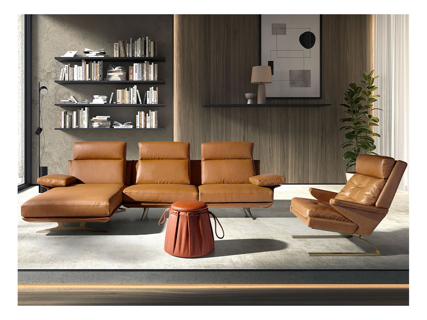 Linker chaise longue bank in bruin terracotta leer