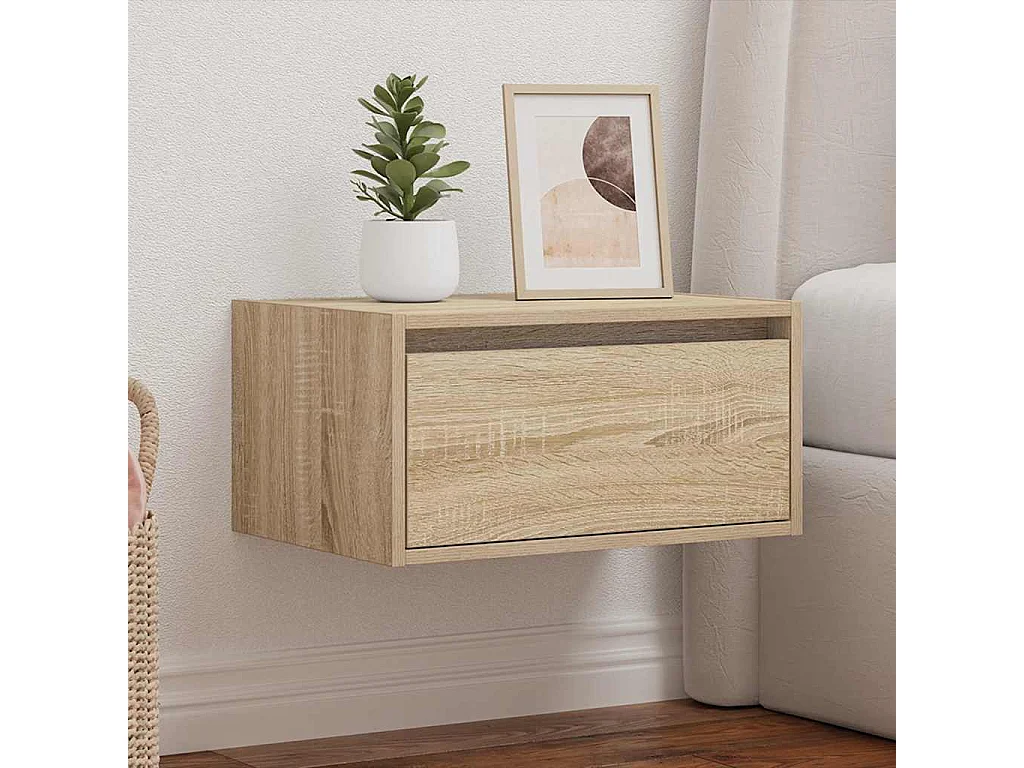 Mesita de noche de pared con luces LED roble Sonoma