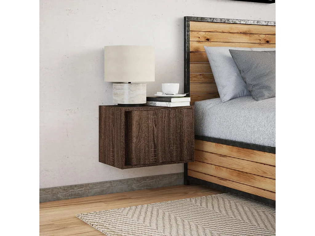 Mesita de noche de pared con luces LED roble marrón