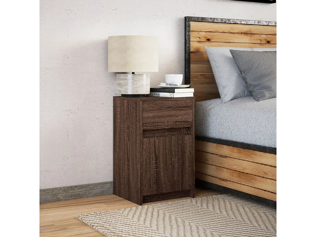 Table de chevet et lumières LED chêne marron bois ingénierie