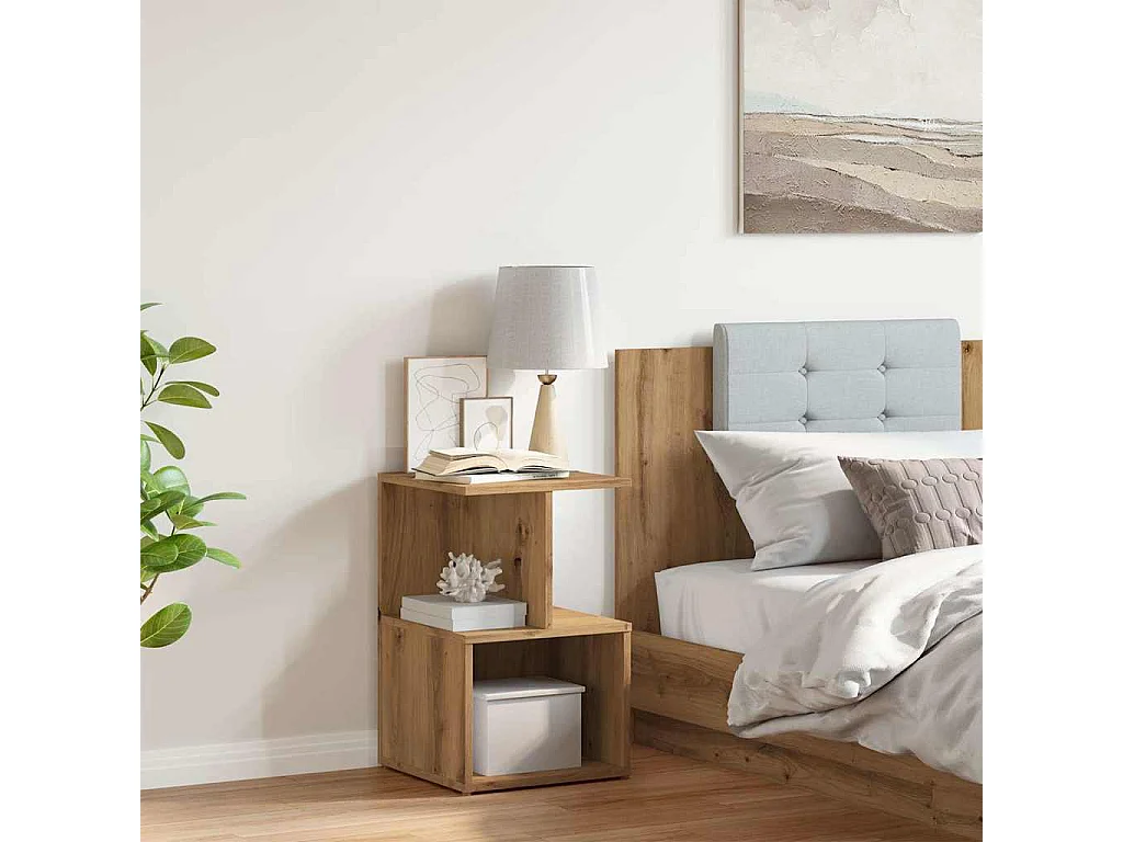 Table de chevet chêne artisanal 35x35x55 cm bois d'ingénierie