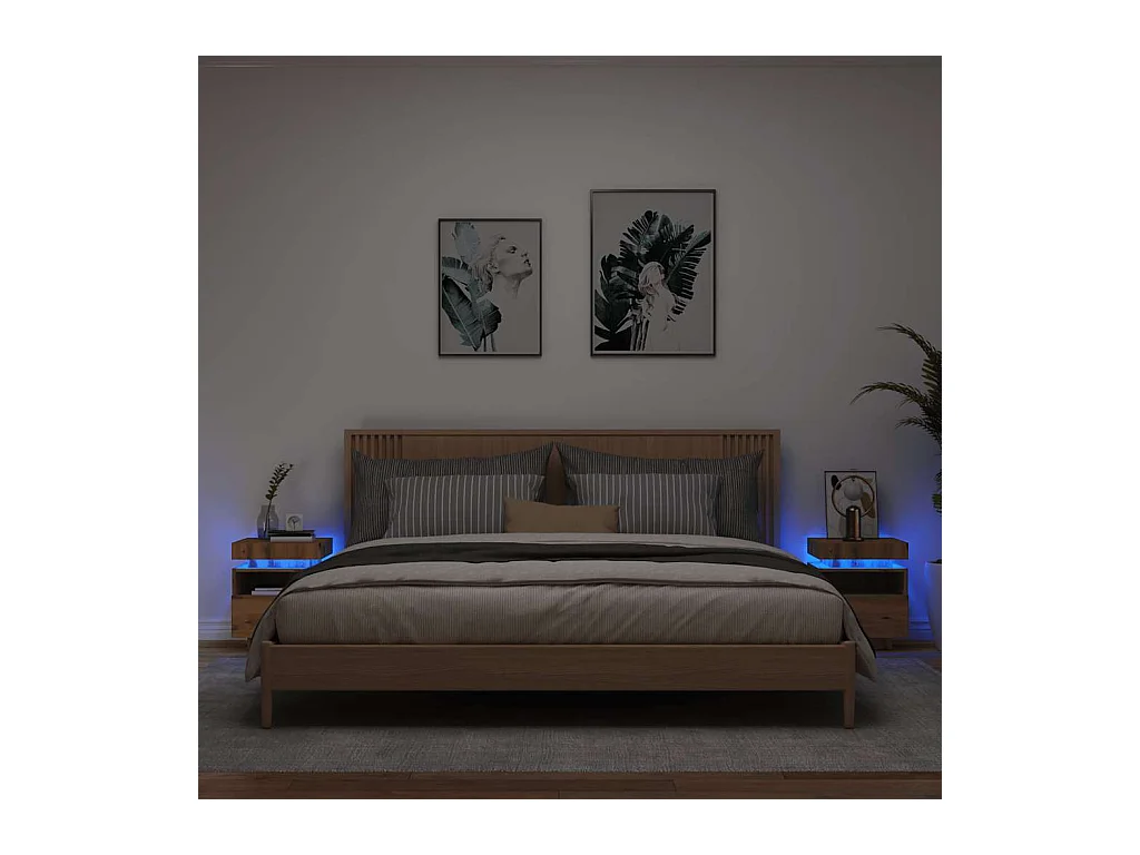 Tables de chevet avec lumières LED 2 pièces chêne artisanal