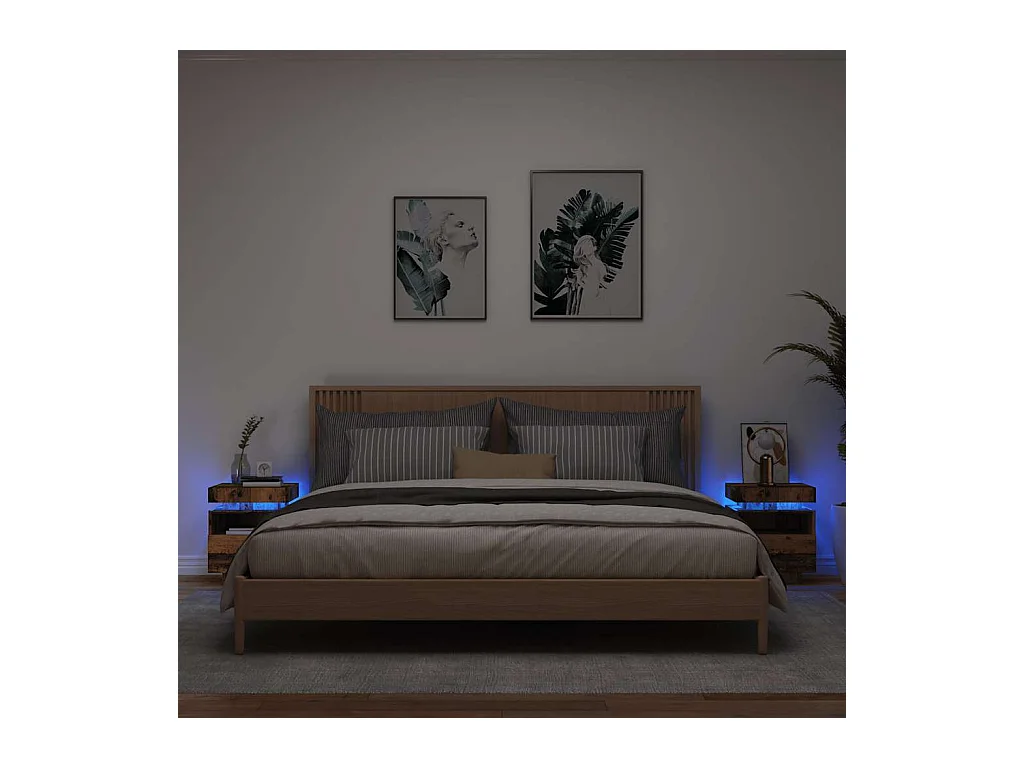 Tables de chevet et lumières LED 2pièces vieux bois 40x39x48,5cm