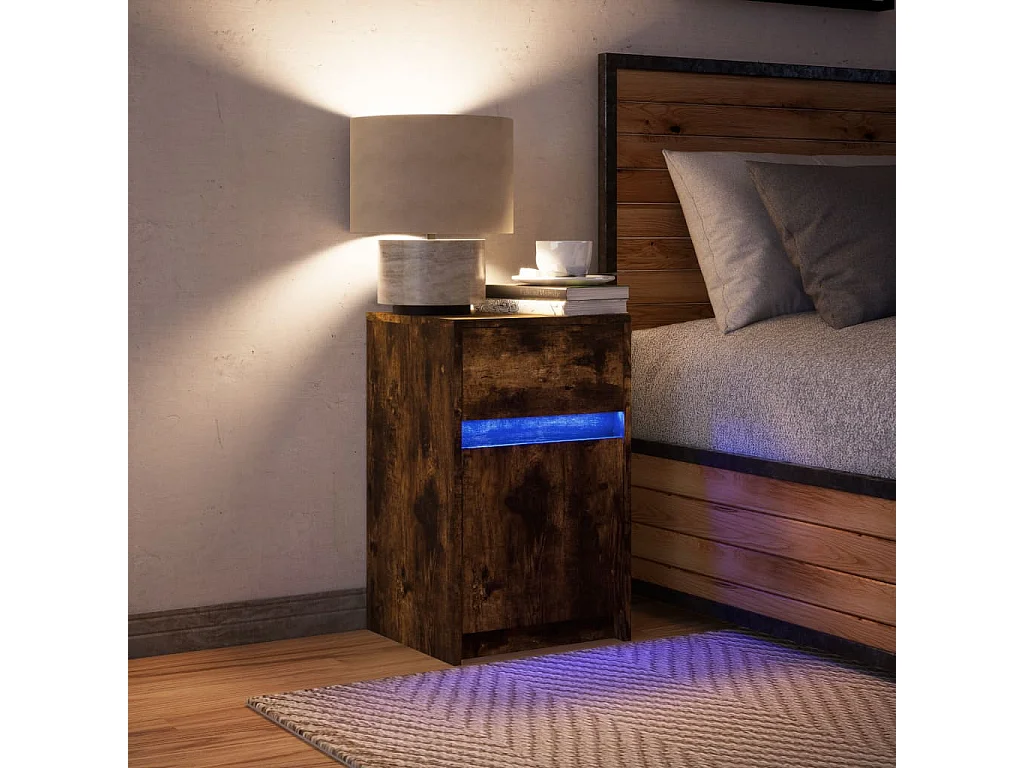 Table de chevet et lumières LED chêne fumé bois d'ingénierie