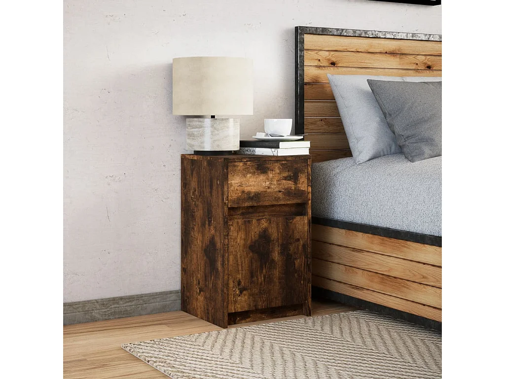 Table de chevet et lumières LED chêne fumé bois d'ingénierie