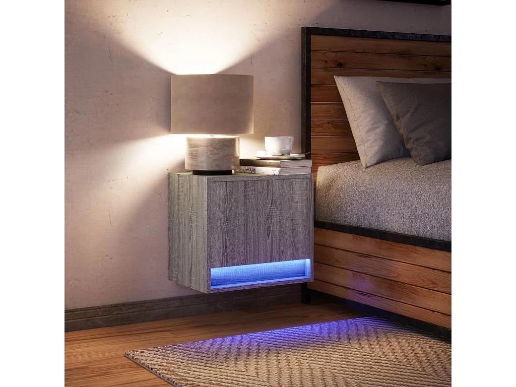 Mesa de cabeceira de parede com luzes LED cinzento sonoma