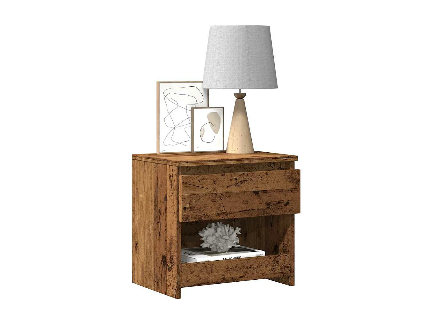 Nachtkastje 40x30x39 cm bewerkt hout oud houtkleurig