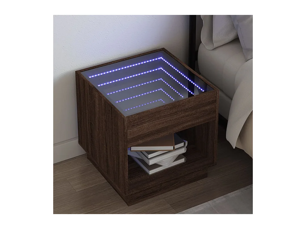 Mesita de noche con Infinity LED marrón roble 50x50x50 cm