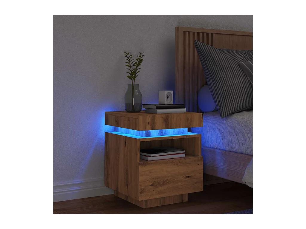 Table de chevet et lumières LED chêne artisanal 40x39x48,5 cm