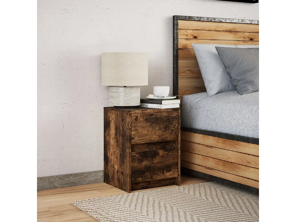 Mesita de noche con luces LED madera ingeniería roble ahumado