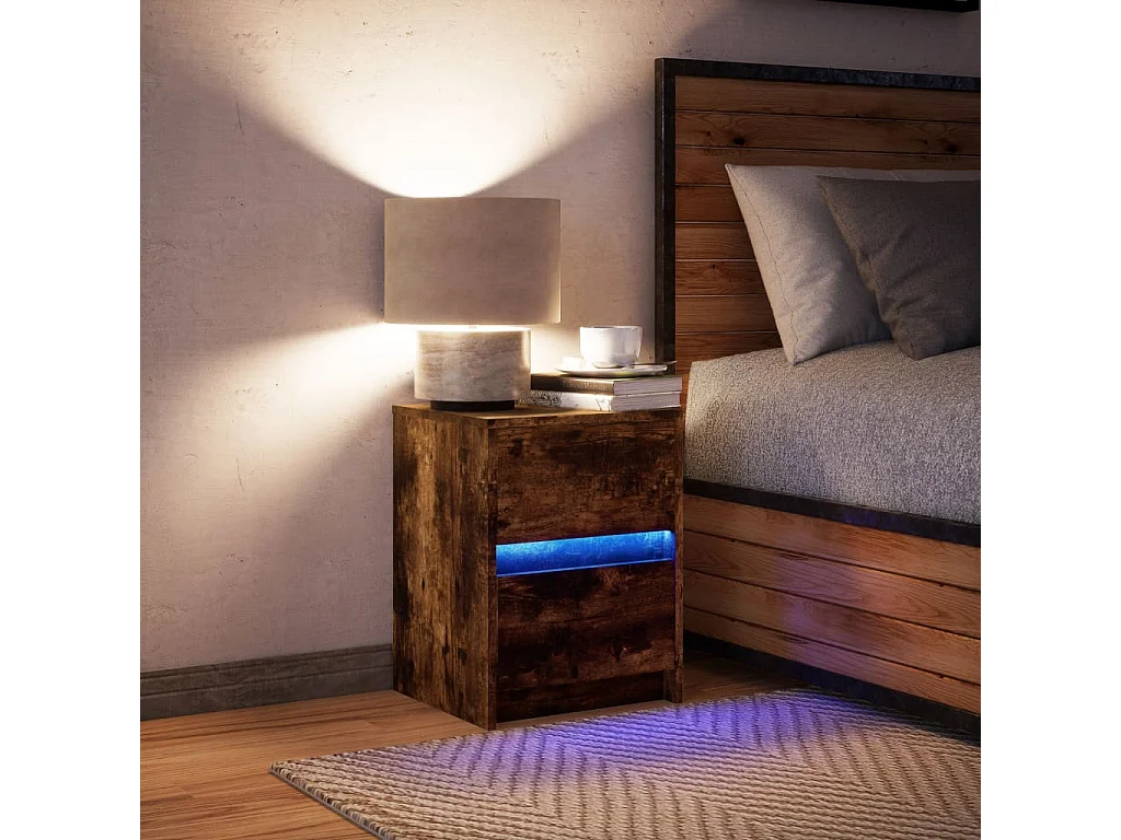 Mesita de noche con luces LED madera ingeniería roble ahumado
