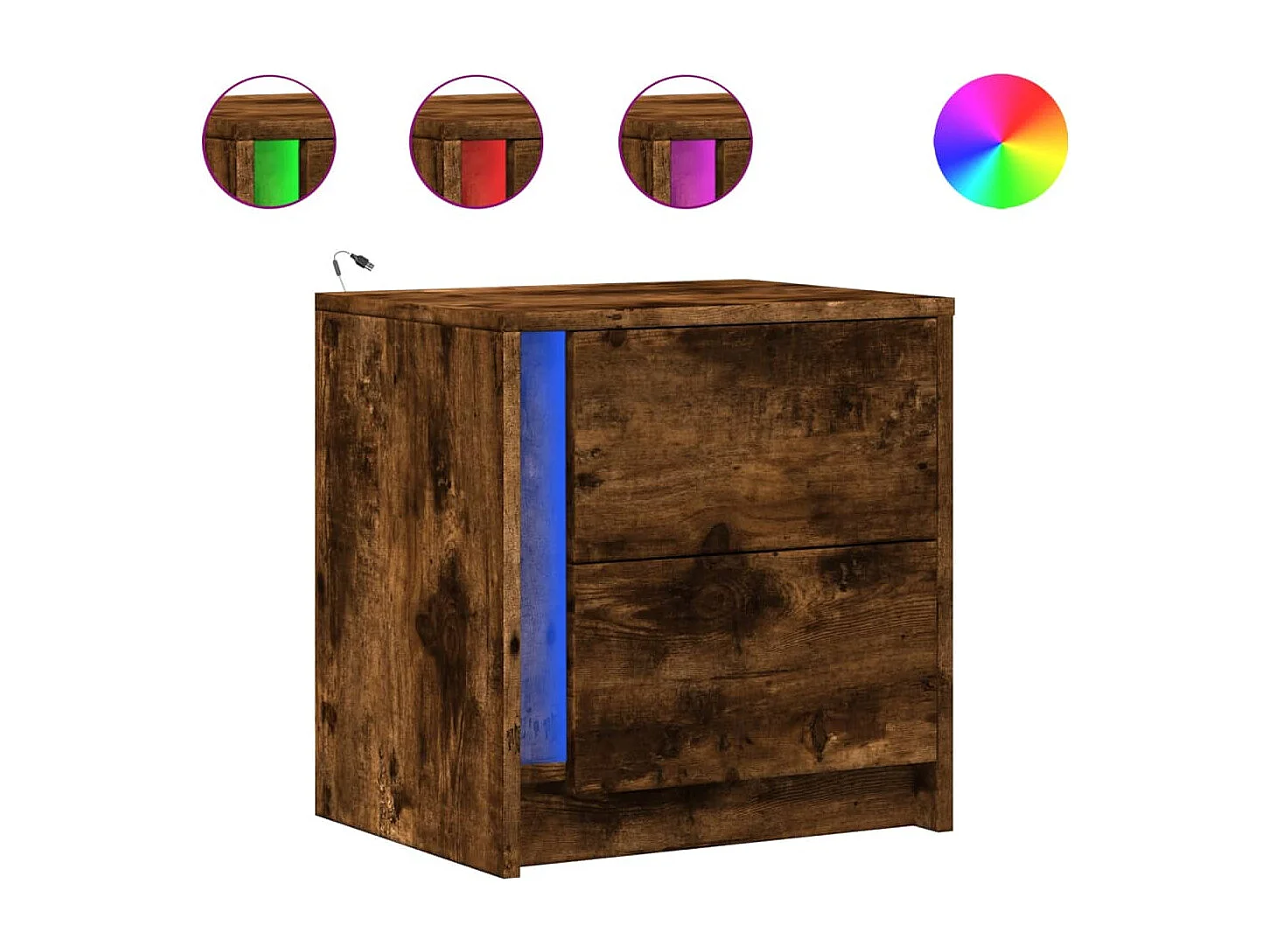 Table de chevet et lumières LED chêne fumé bois d'ingénierie