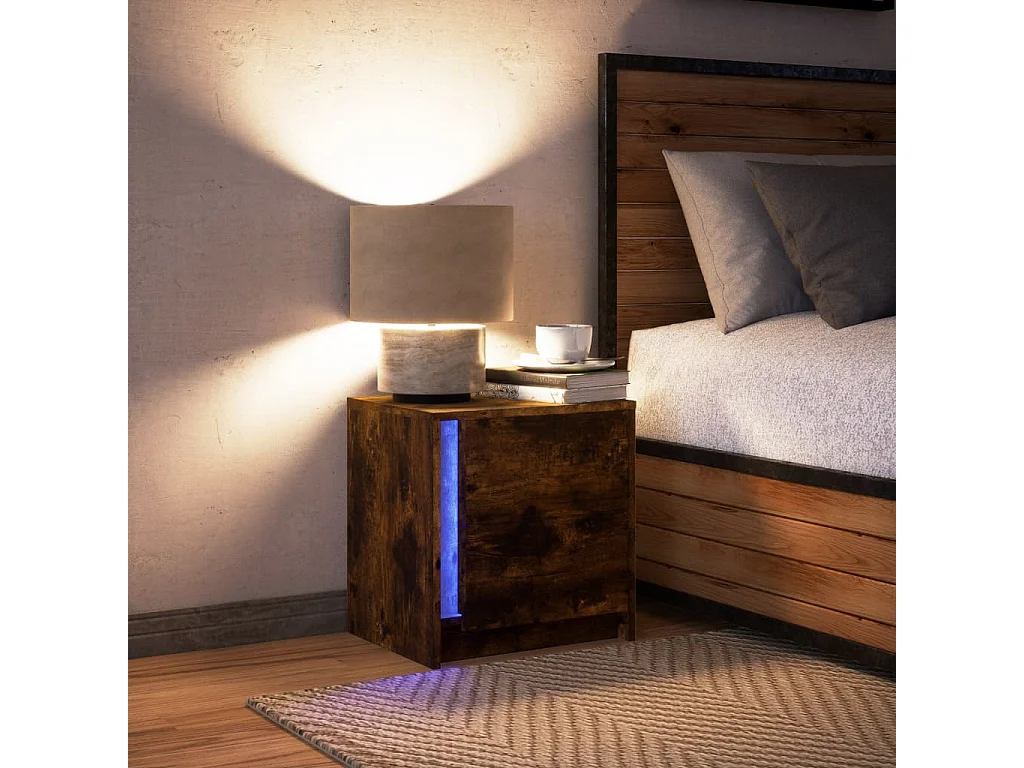 Table de chevet et lumières LED chêne fumé bois d'ingénierie