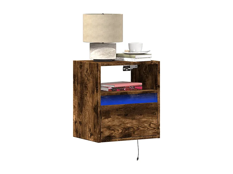 Table de chevet murale avec lumières LED chêne fumé