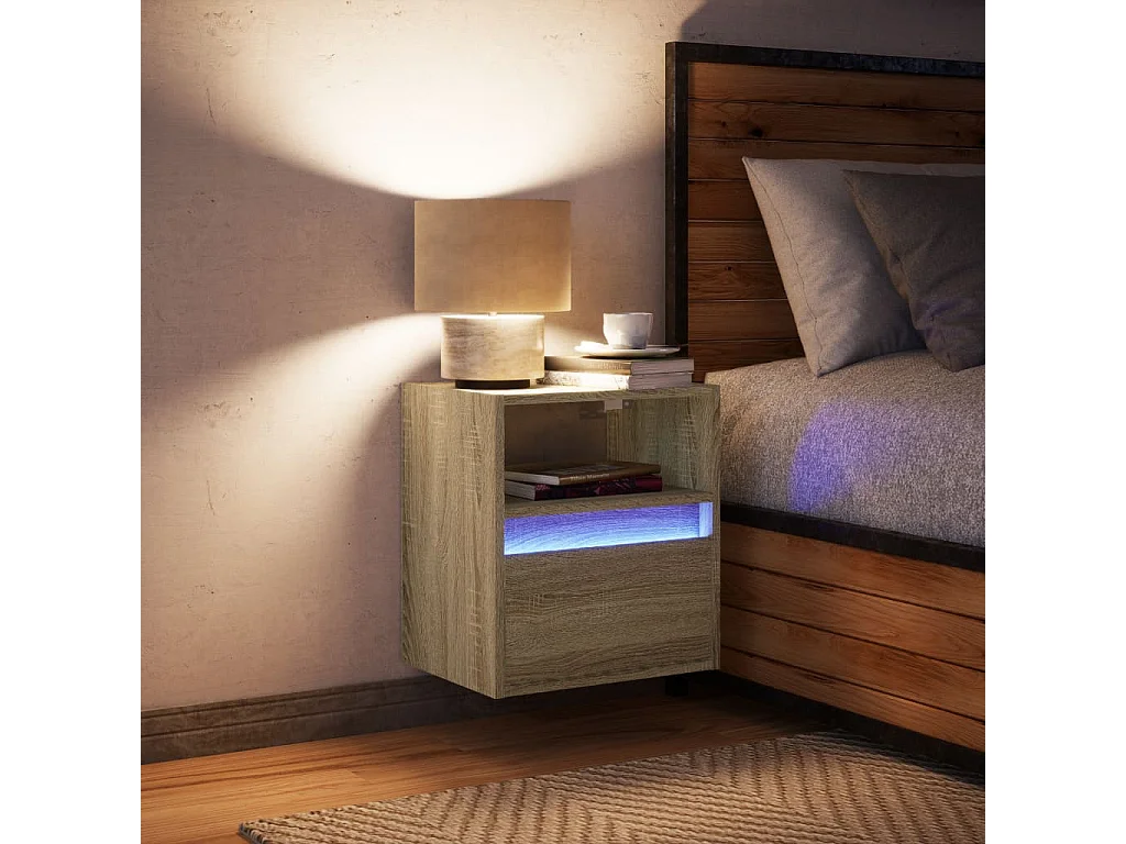 Mesa de cabeceira de parede com luzes LED carvalho sonoma
