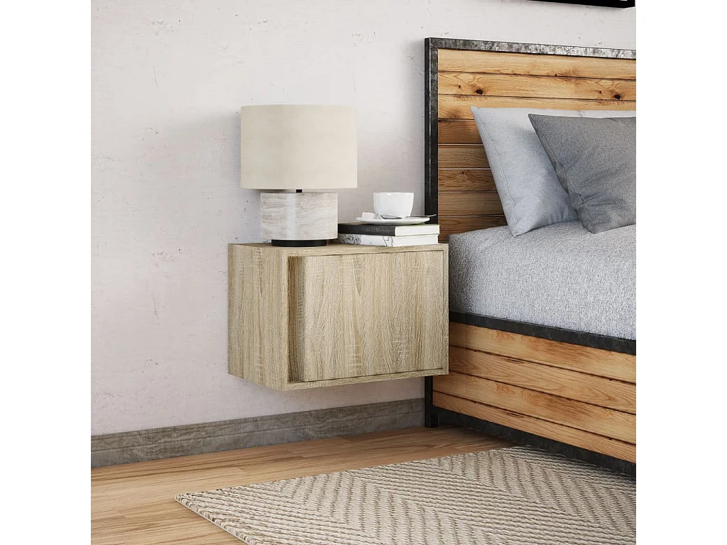 Mesita de noche de pared con luces LED roble Sonoma