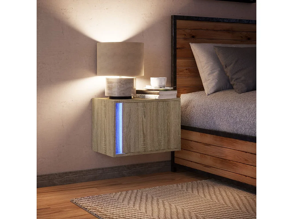 Mesita de noche de pared con luces LED roble Sonoma
