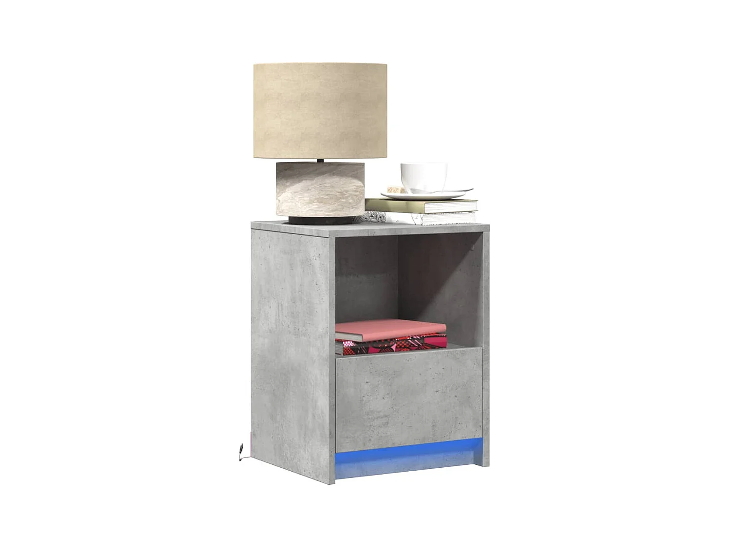 Table de chevet et lumières LED gris béton bois d'ingénierie