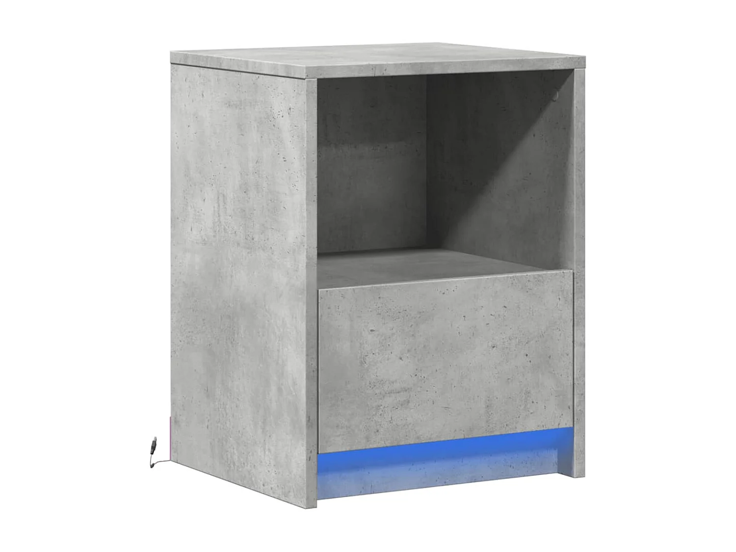 Table de chevet et lumières LED gris béton bois d'ingénierie
