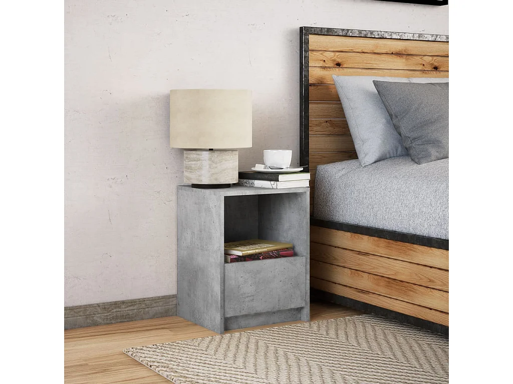 Table de chevet et lumières LED gris béton bois d'ingénierie