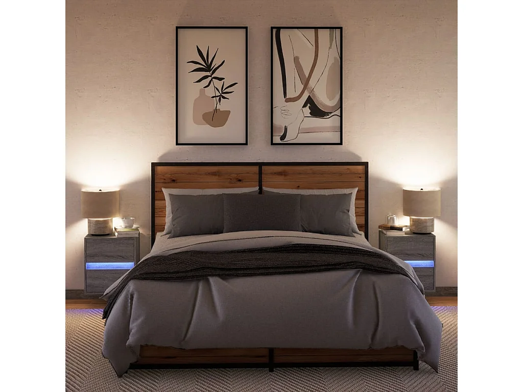 Tables de chevet murales avec lumières LED 2 pièces sonoma gris