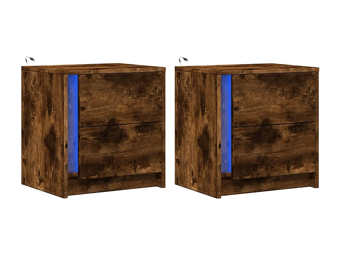 Tables de chevet et lumières LED 2 pièces chêne fumé
