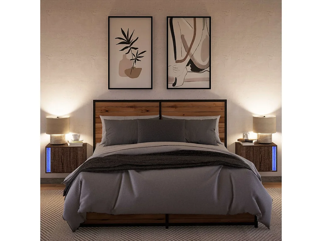 Mesitas de noche de pared con luces LED 2 unidades roble marrón