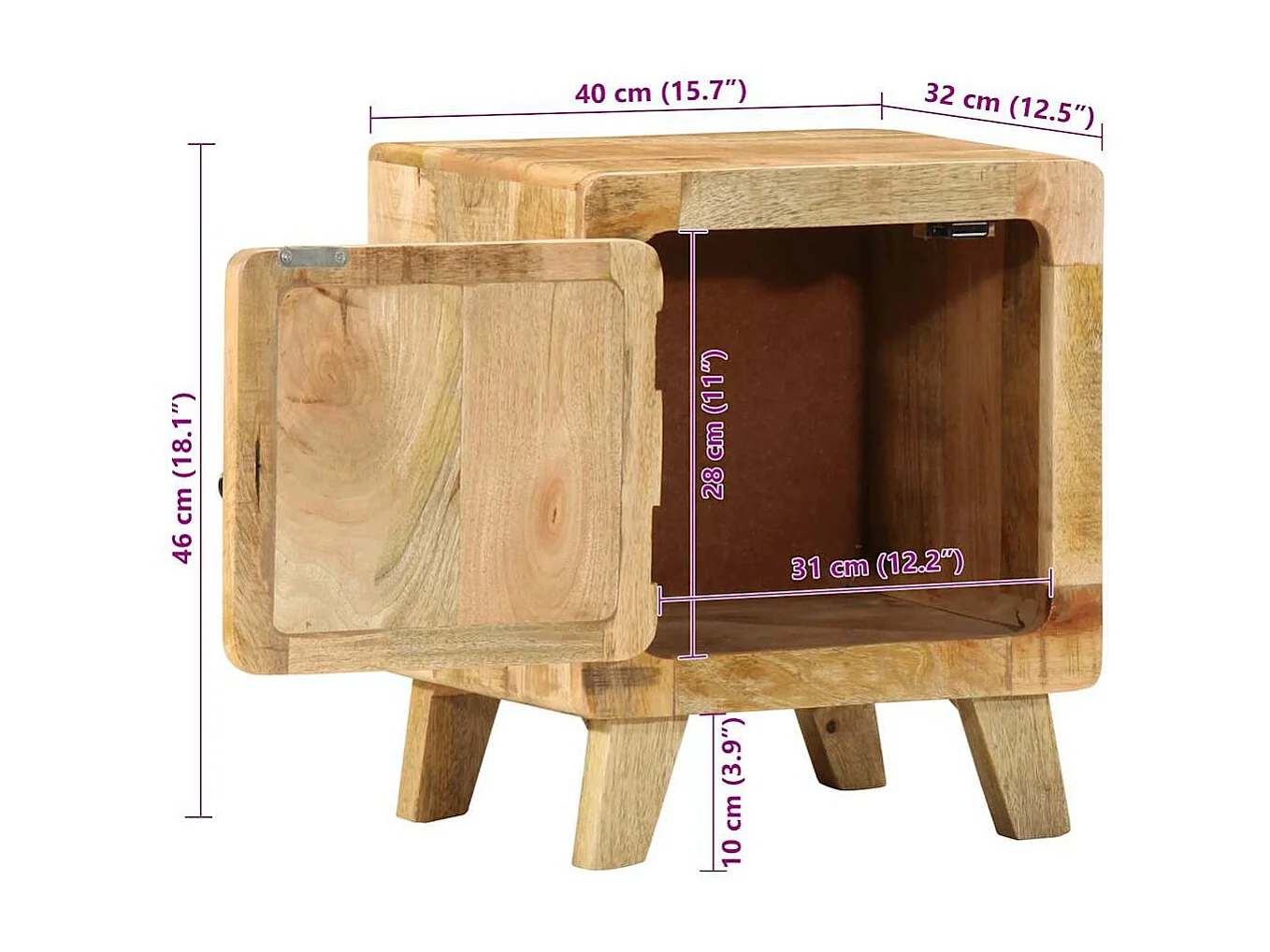 Mesita de noche de madera maciza de mango rugosa 40x32x46 cm