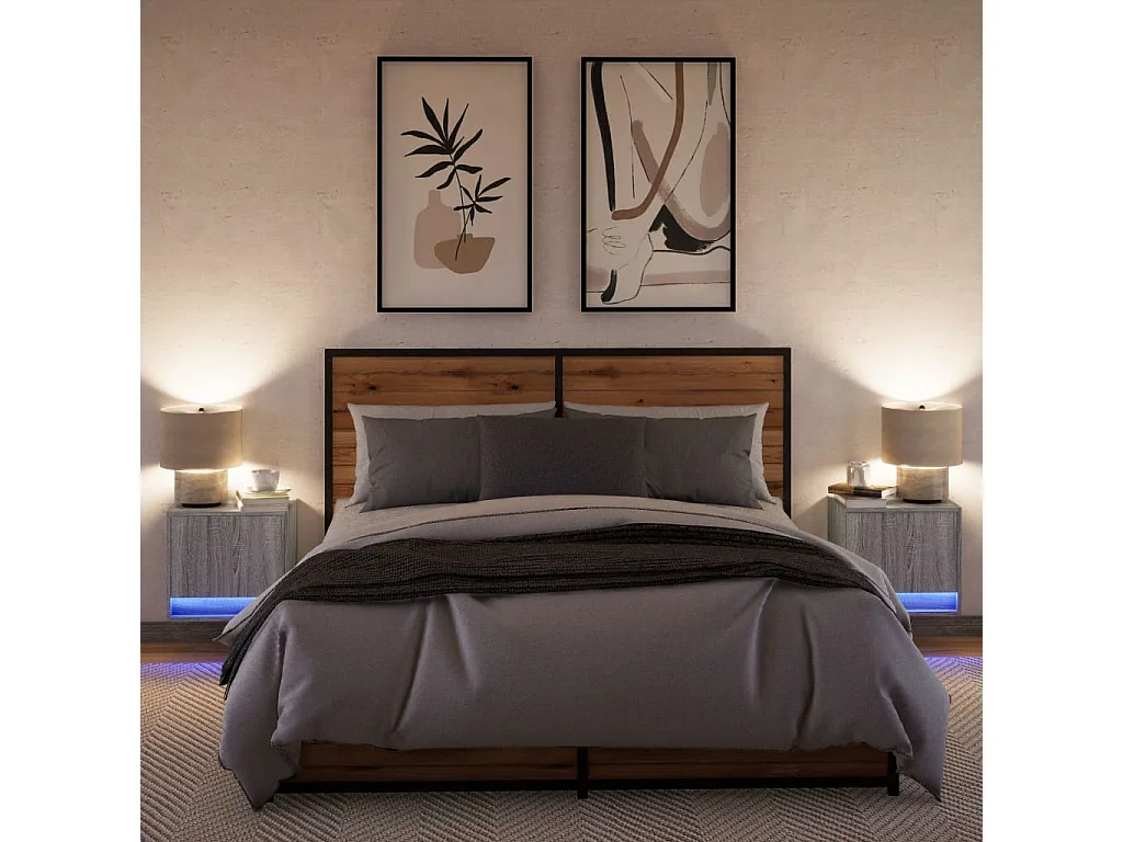 Tables de chevet murales avec lumières LED 2 pièces sonoma gris