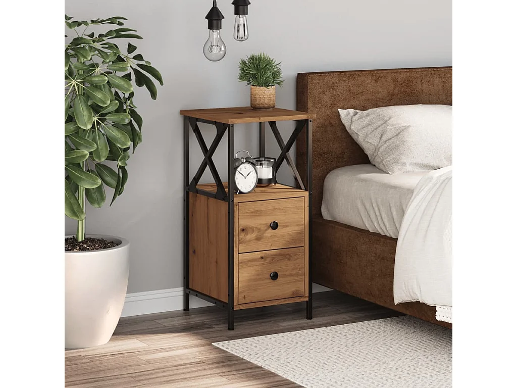 Table de chevet chêne artisanal 34x35,5x70 cm bois d'ingénierie