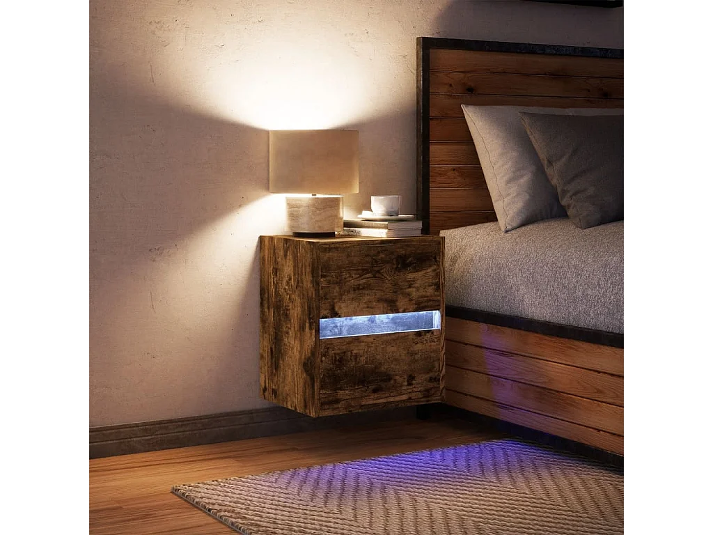 Table de chevet murale avec lumières LED chêne fumé