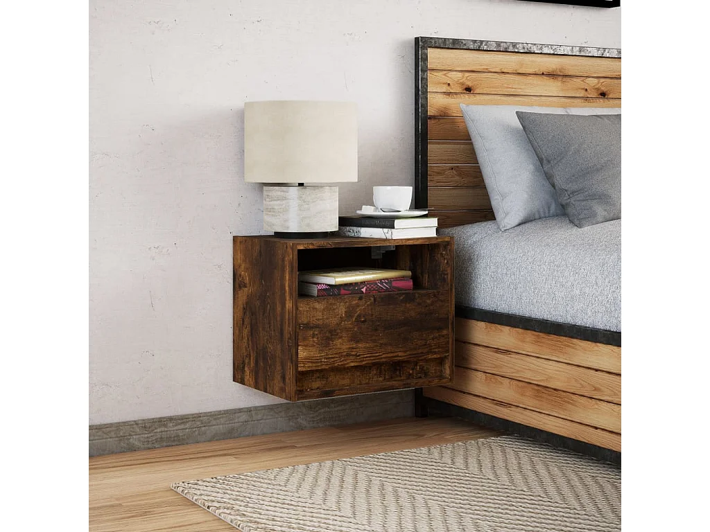 Table de chevet murale avec lumières LED chêne fumé
