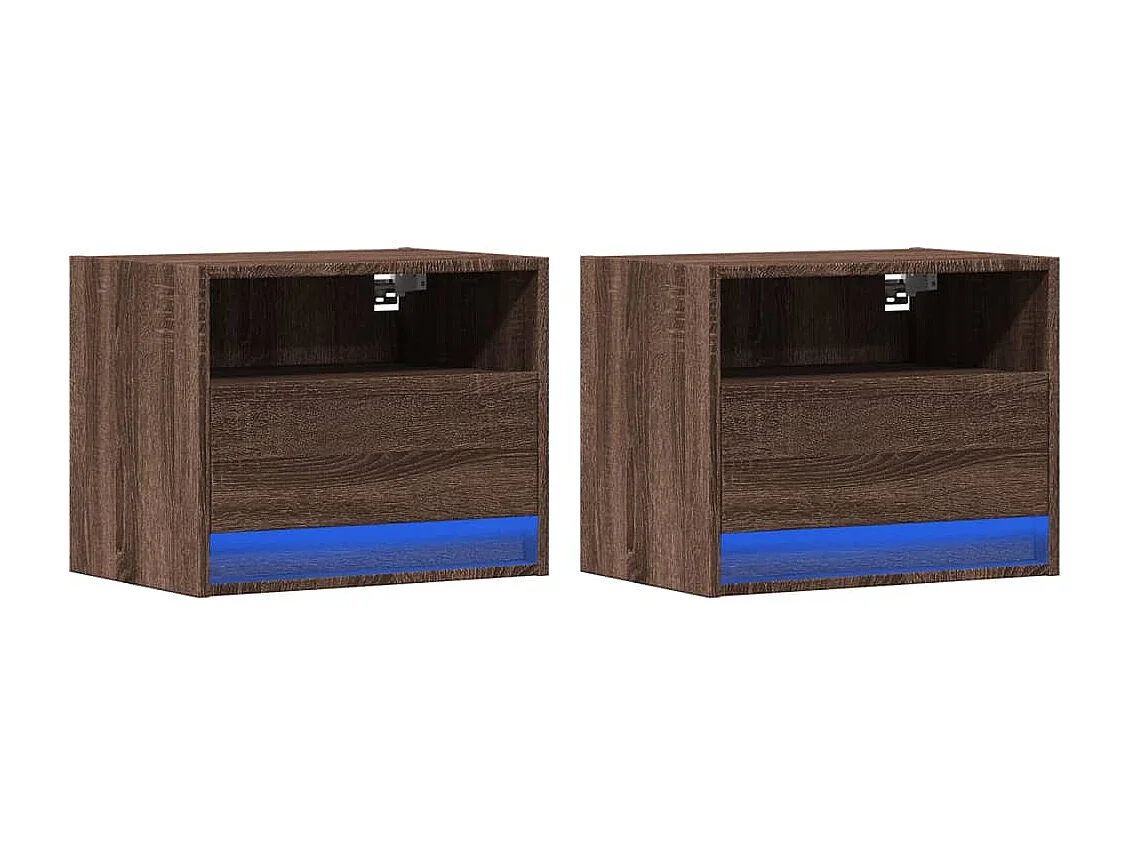 Mesas cabeceira de parede com luzes LED 2 peças carvalho castanho