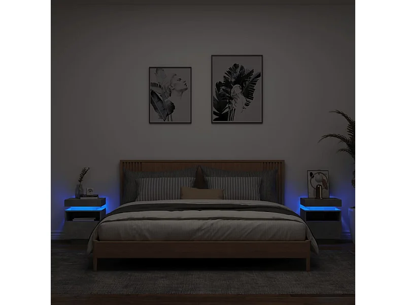 Tables de chevet avec lumières LED 2 pièces gris béton