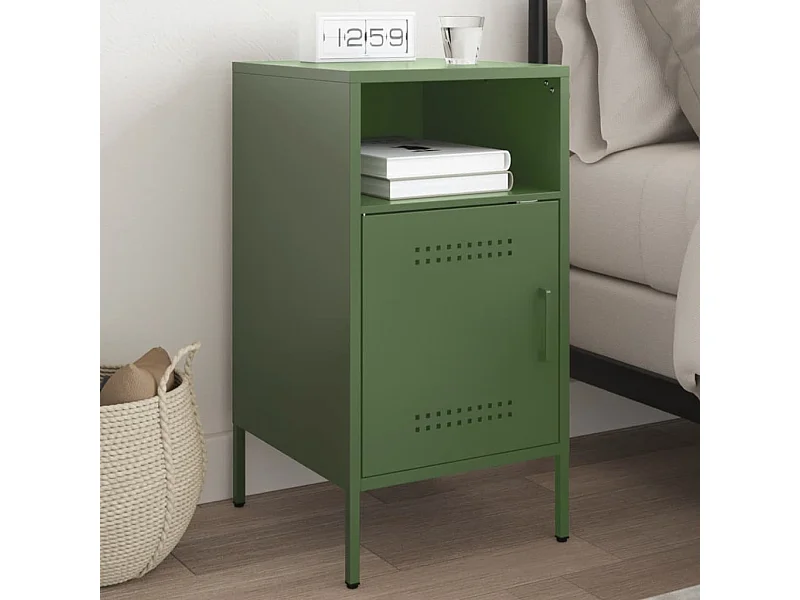 Table de chevet vert olive 36x39x68 cm acier laminé à froid