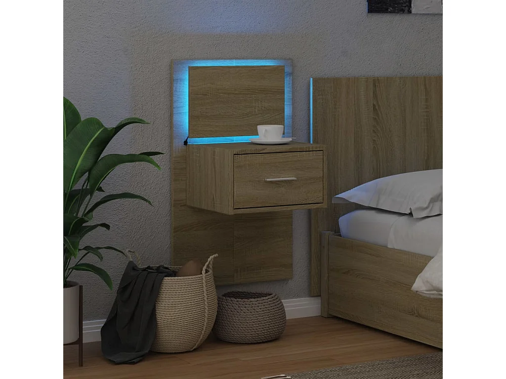 Mesita de noche de pared con luces LED roble Sonoma