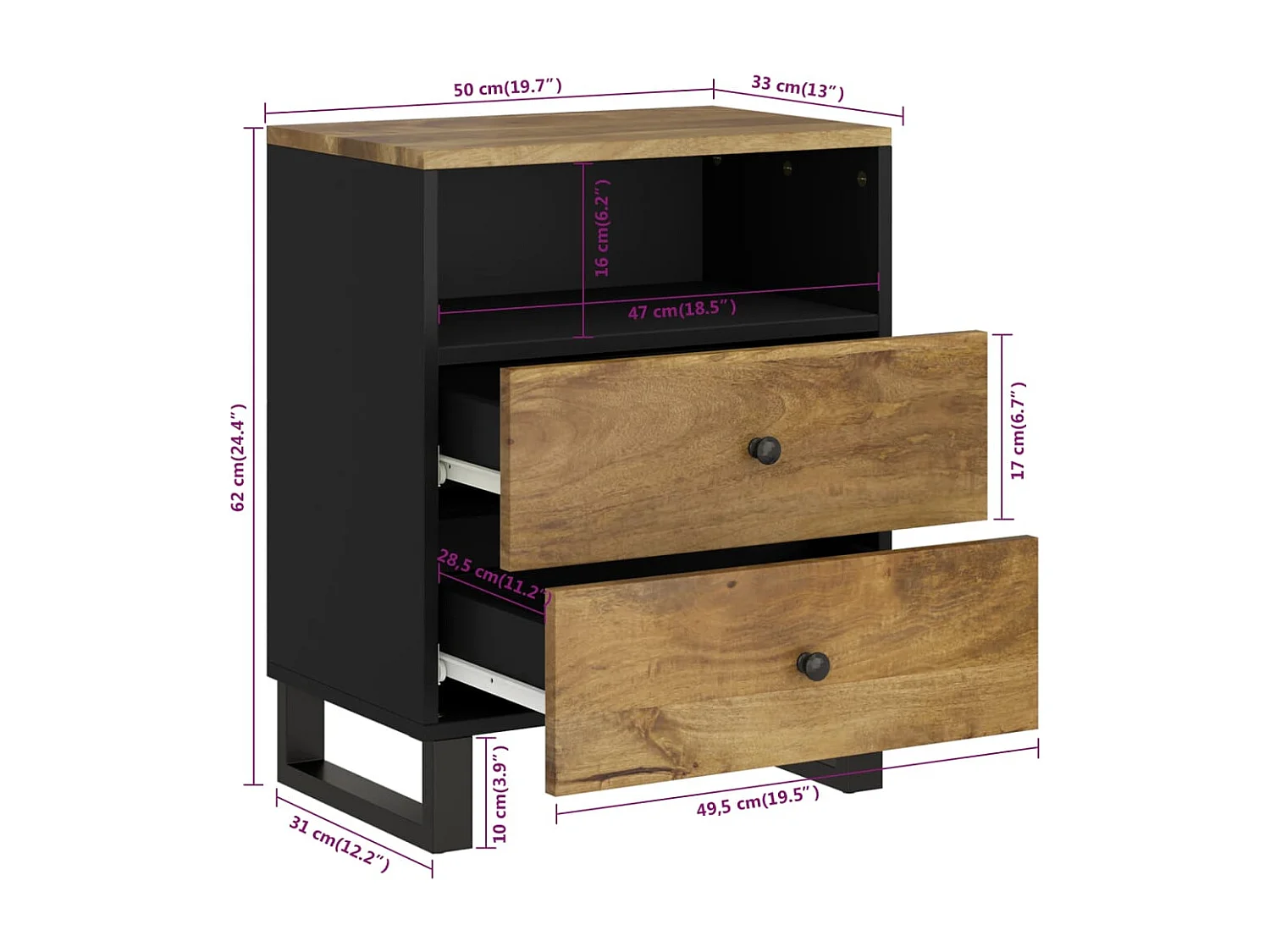 Mesita de noche madera mango madera contrachapada 50x33x62 cm