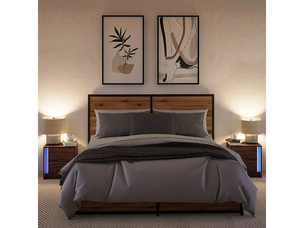 Tables de chevet et lumières LED 2 pièces chêne marron