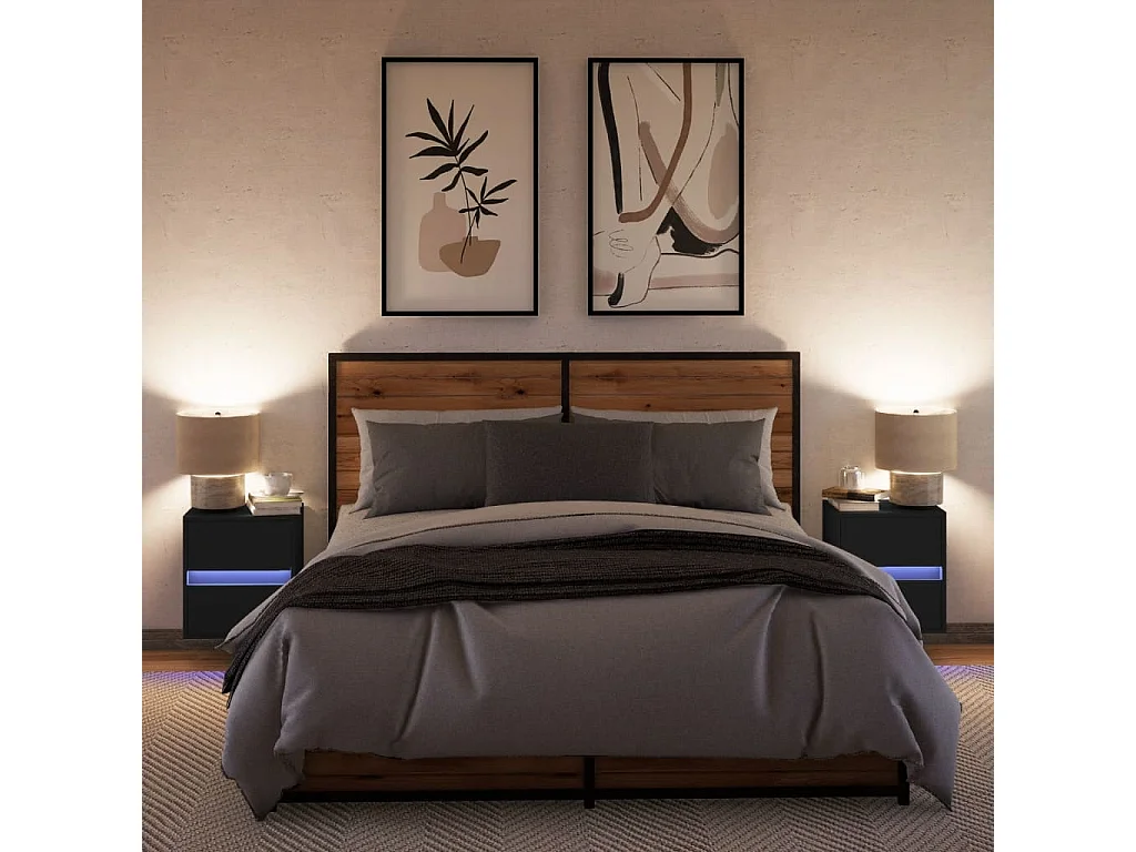 Nachtkastjes met LED's 2 st wandgemonteerd zwart