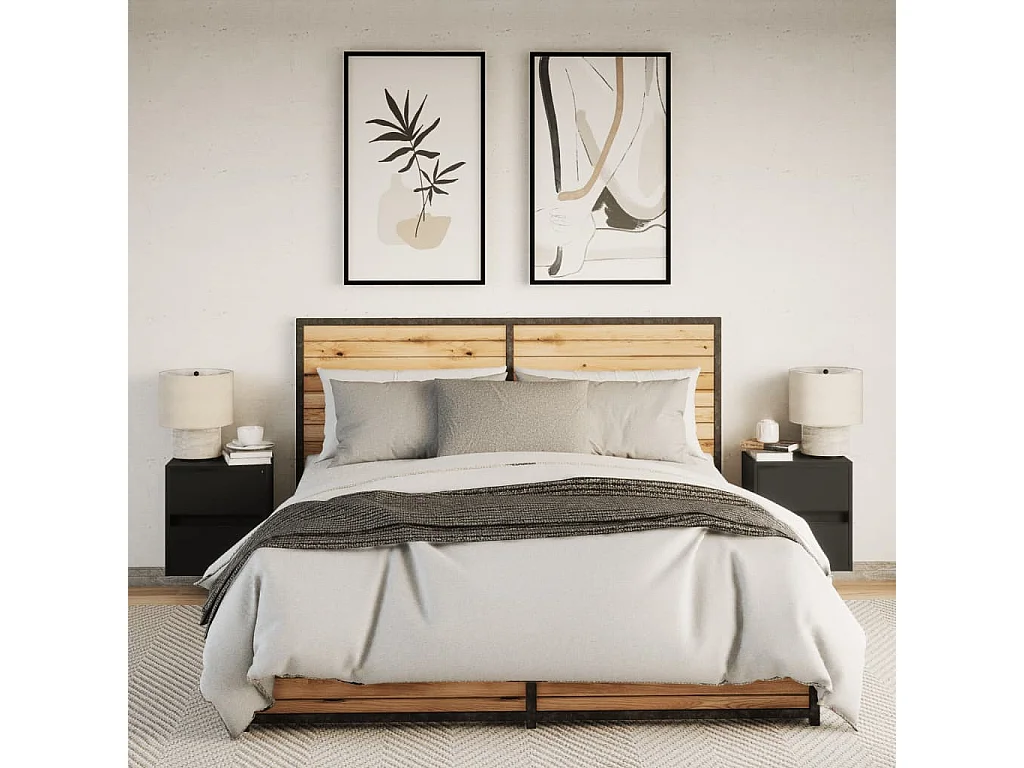 Tables de chevet murales avec lumières LED 2 pièces noir