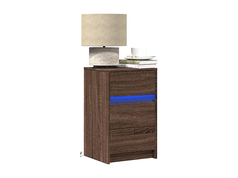 Table de chevet et lumières LED chêne marron bois ingénierie