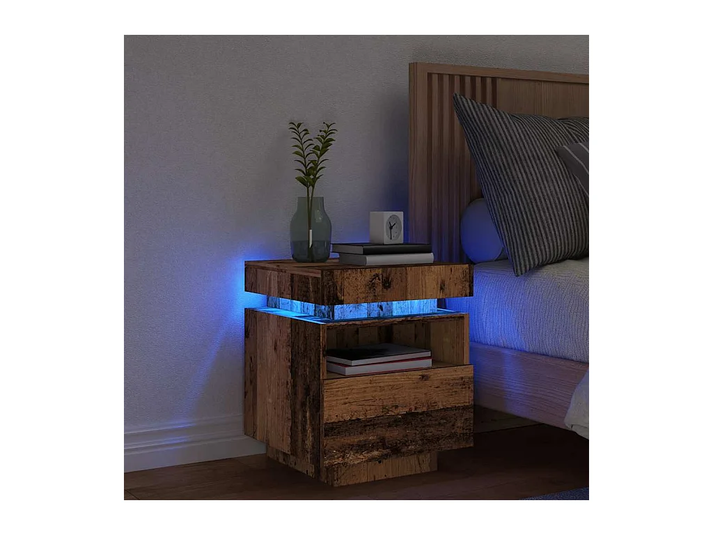 Table de chevet avec lumières LED vieux bois 40x39x48,5 cm