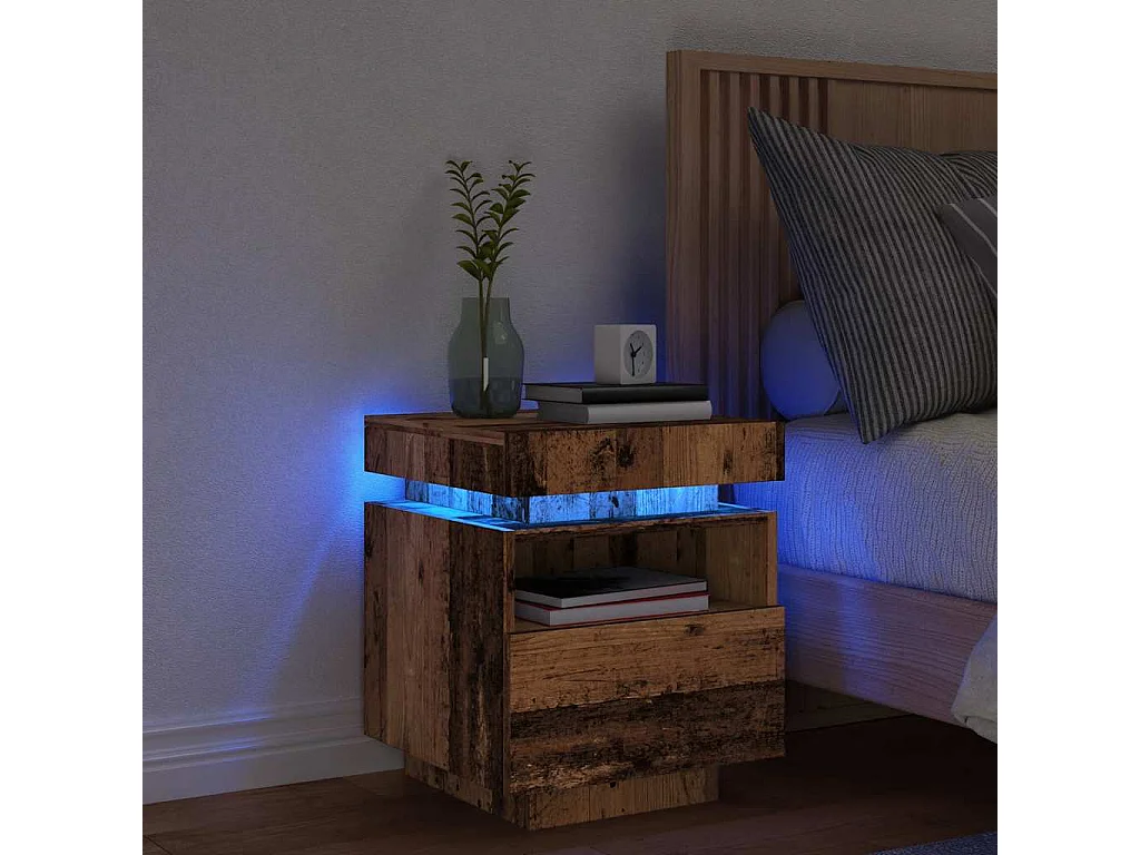 Mesita de noche con luces LED madera envejecida 40x39x48,5 cm