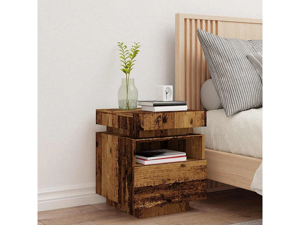 Mesita de noche con luces LED madera envejecida 40x39x48,5 cm