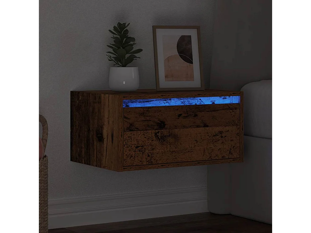 Mesita de noche de pared con luces LED madera antigua