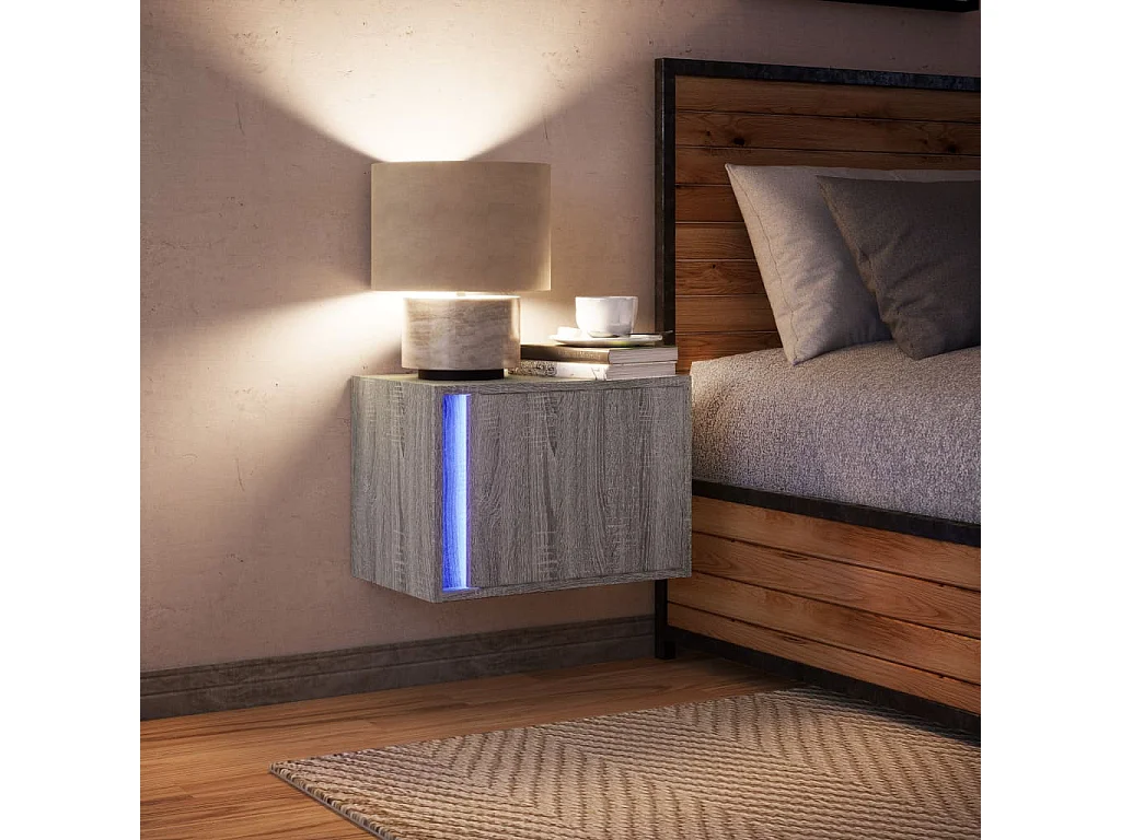 Mesita de noche de pared con luces LED gris Sonoma